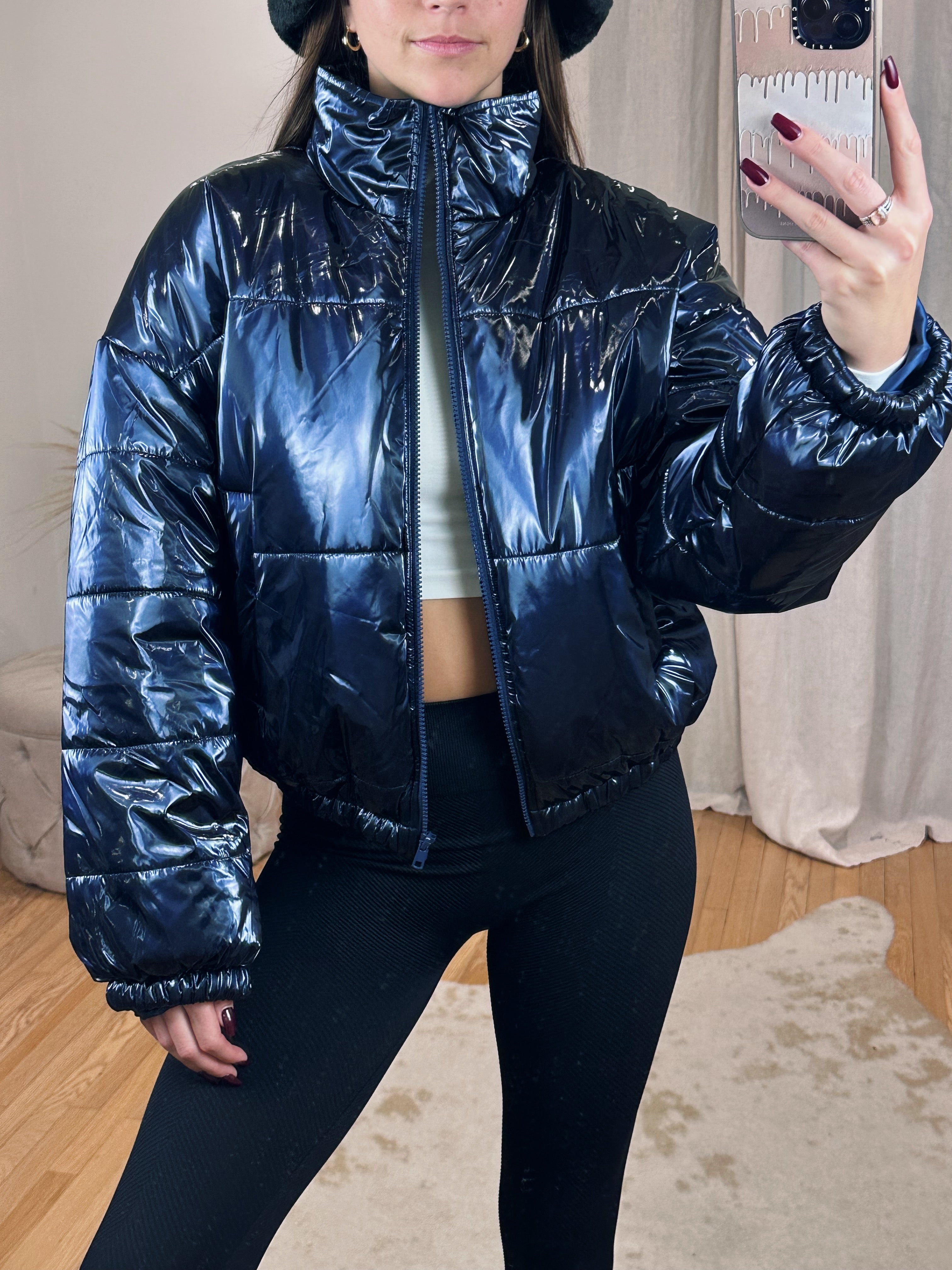 Blue shiny hot sale puffer jacket